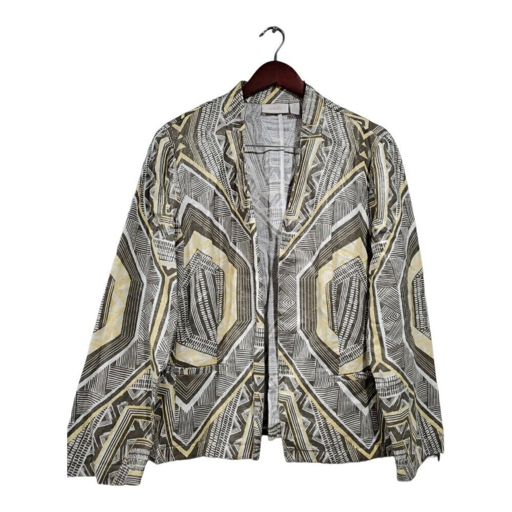 Chicos Women's Yellow Gray Shimmer Heidi Geometric Print Jacket Linen Blend Sz 2